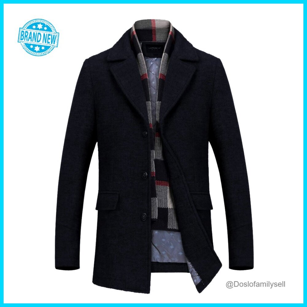 Wool Blend Trench Coat Detachable Scarf Classic Elegant Winter Overcoat Mens
